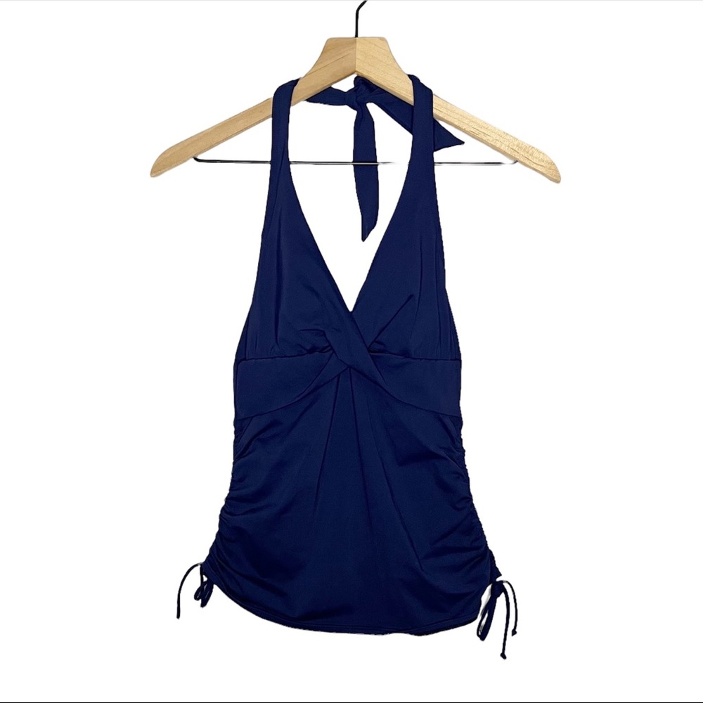 Lands' End Tie Halter Side Cinch Soft Cup Tankini Top in Blue 2P 2 Petite